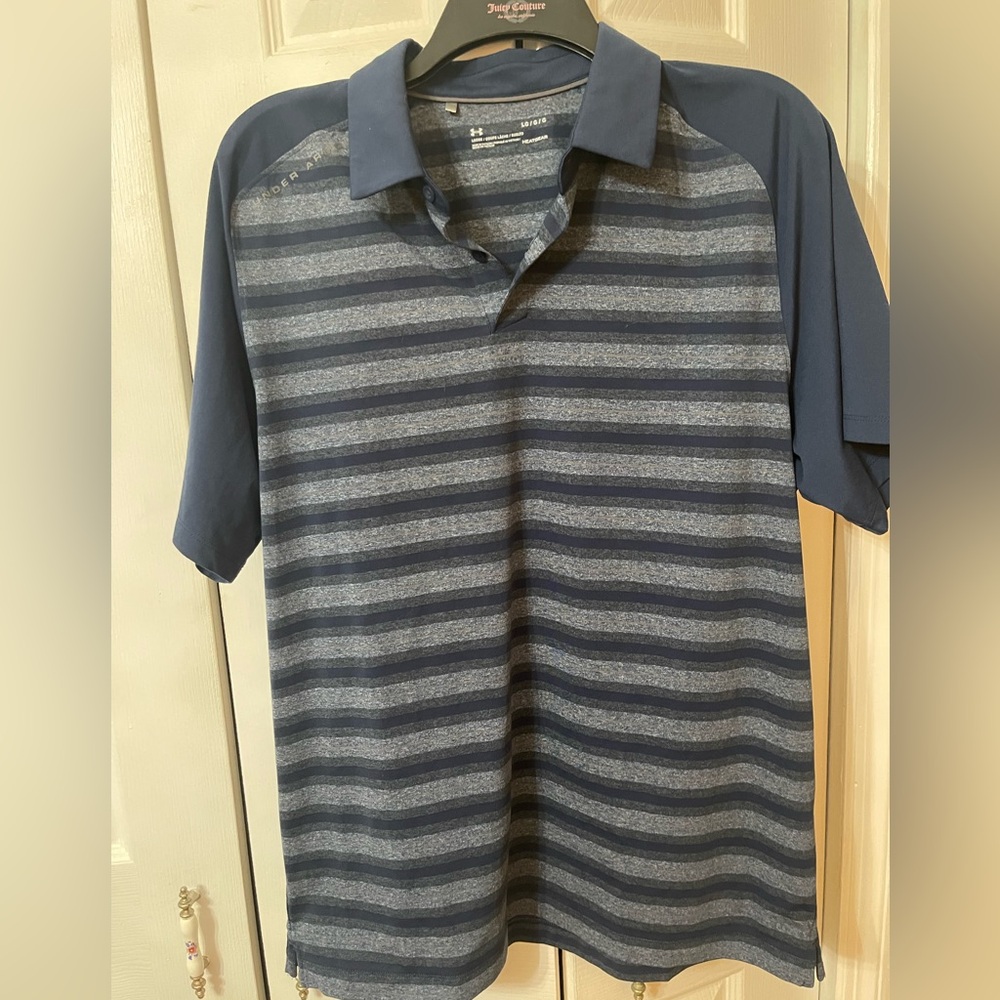 UNDER ARMOUR Mens Gray Striped HeatGear Performance Golf Polo Shirt Size L EUC